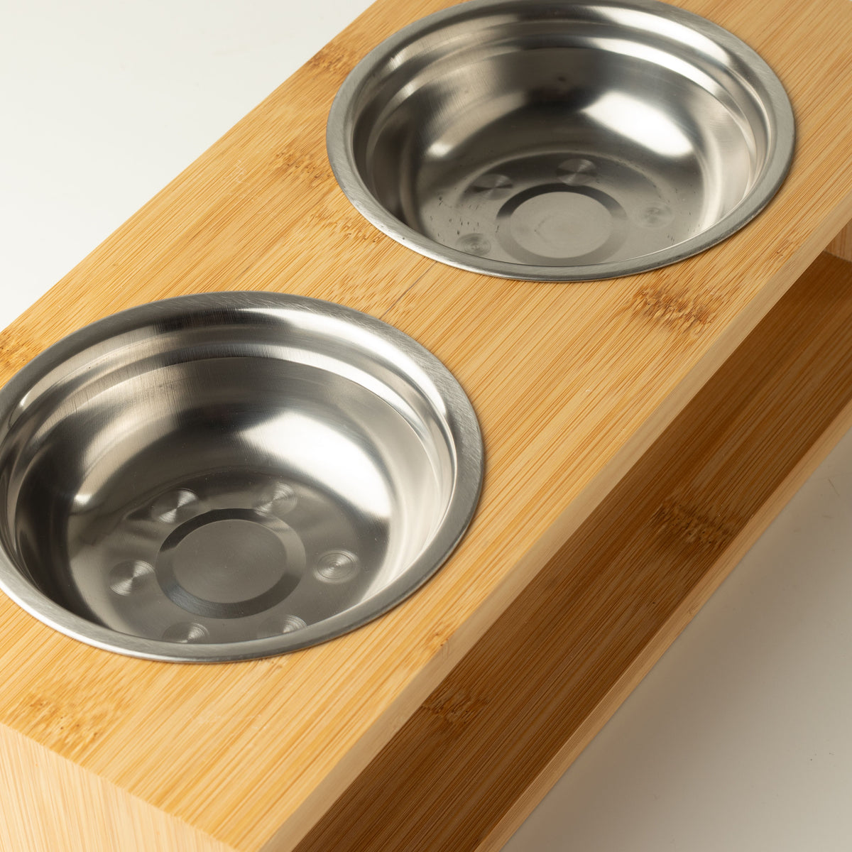 Food Bowl - Large Double Stainless Steel (201) in Wooden Stand - 2x13cm