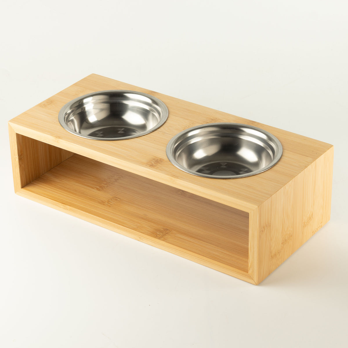 Food Bowl - Large Double Stainless Steel (201) in Wooden Stand - 2x13cm