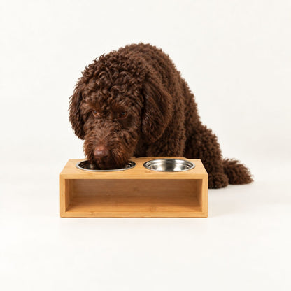 Food Bowl - Large Double Stainless Steel (201) in Wooden Stand - 2x13cm