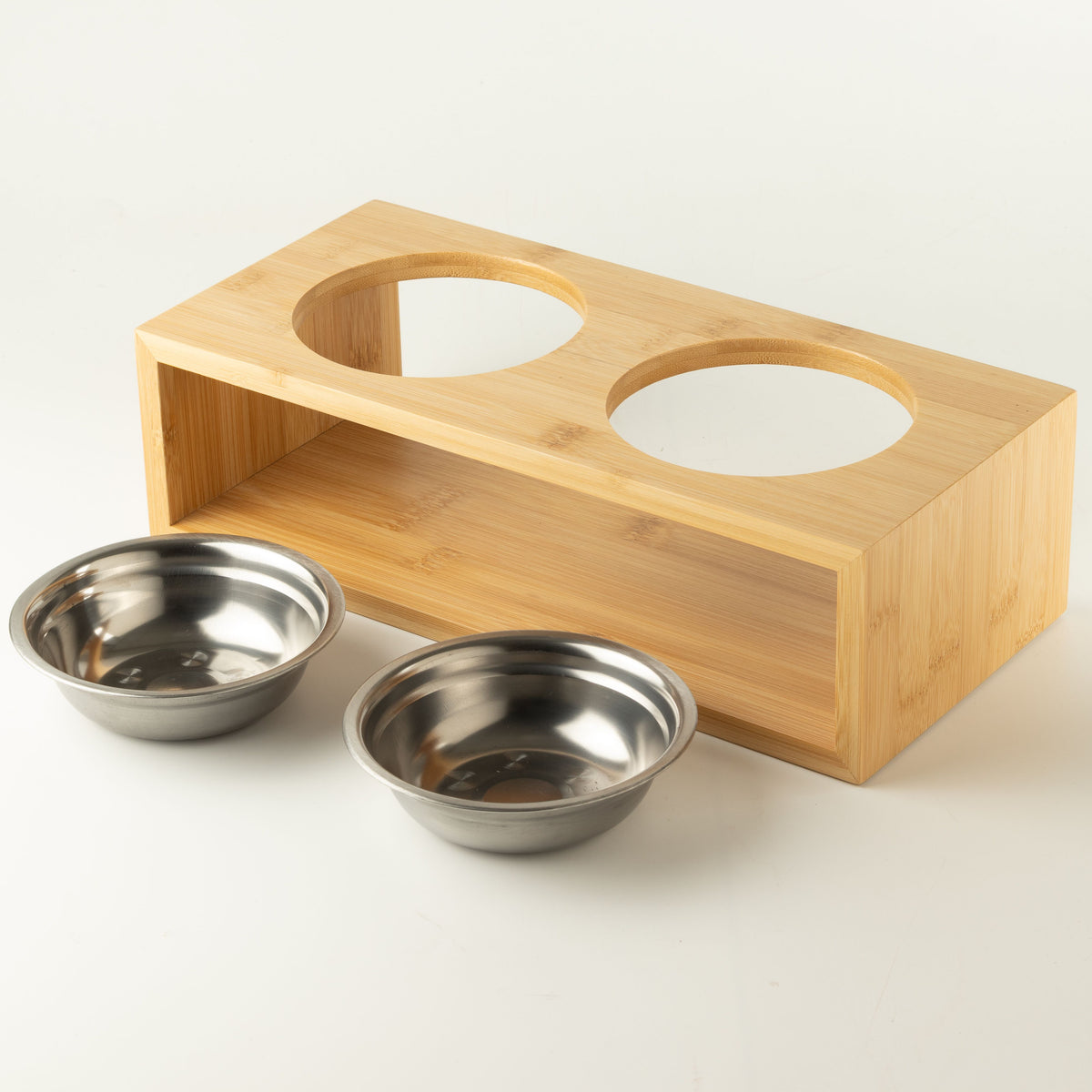 Food Bowl - Large Double Stainless Steel (201) in Wooden Stand - 2x13cm