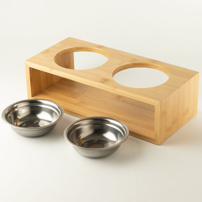 Food Bowl - Large Double Stainless Steel (201) in Wooden Stand - 2x13cm