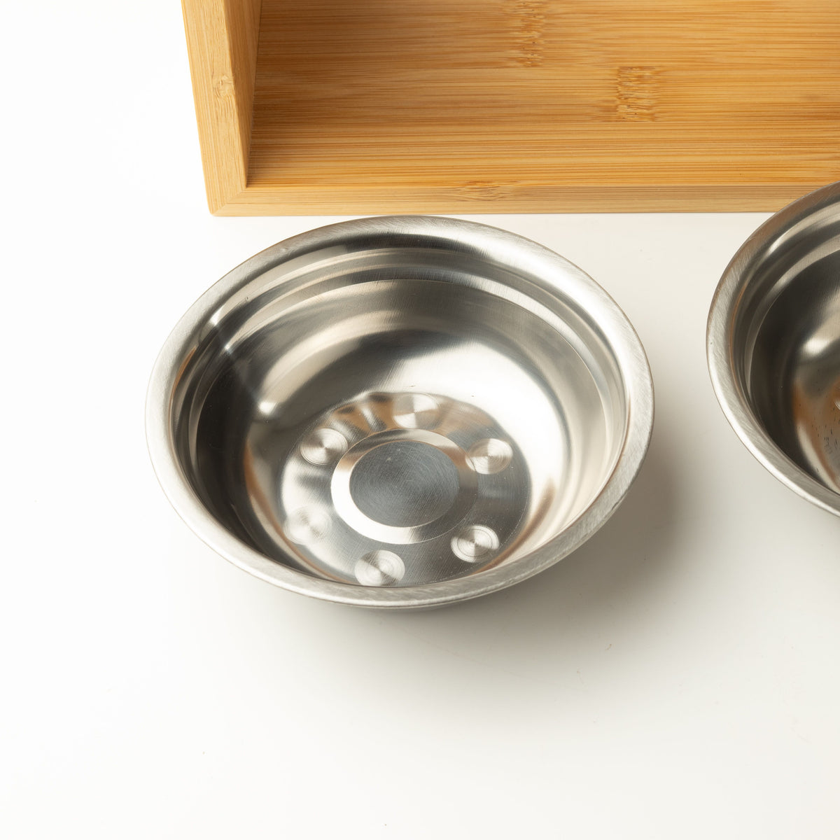 Food Bowl - Large Double Stainless Steel (201) in Wooden Stand - 2x13cm