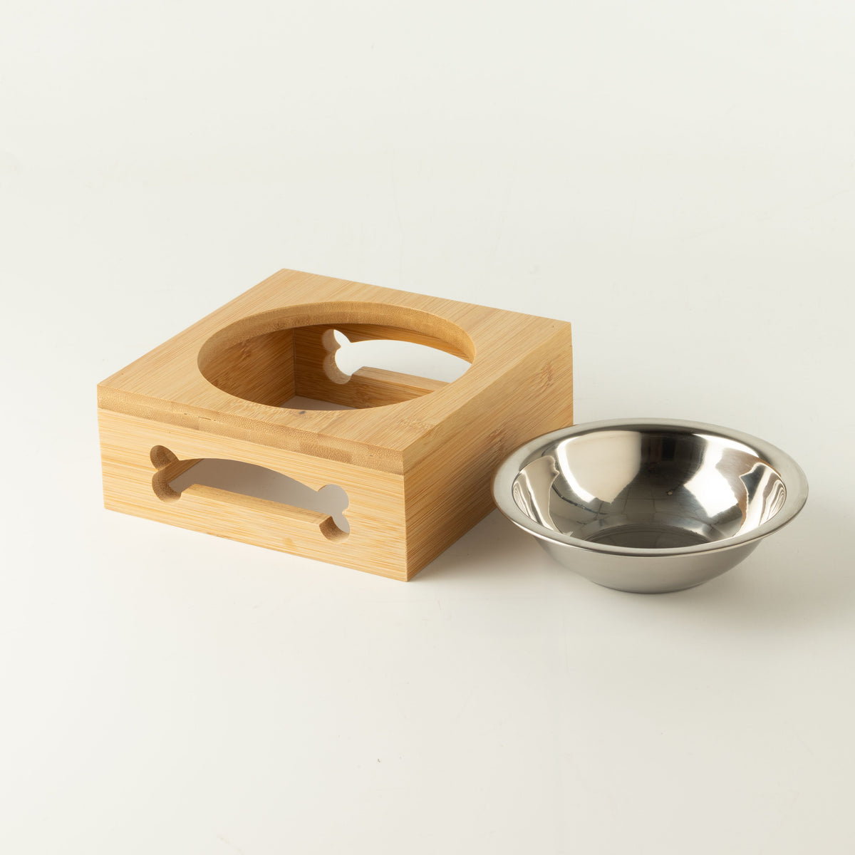 Food Bowl - Single Stainless Steel (201) in Wooden Stand - 12cm