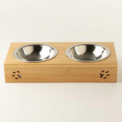 Food Bowl - Double Stainless Steel in Wooden Stand - 2x12cm