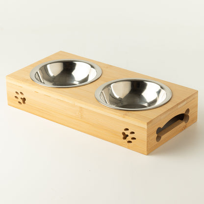 Food Bowl - Double Stainless Steel in Wooden Stand - 2x12cm