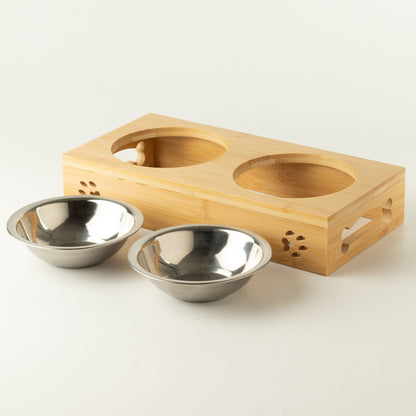 Food Bowl - Double Stainless Steel in Wooden Stand - 2x12cm