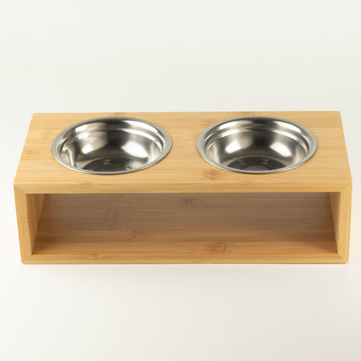 Food Bowl - Large Double Stainless Steel (201) in Wooden Stand - 2x13cm