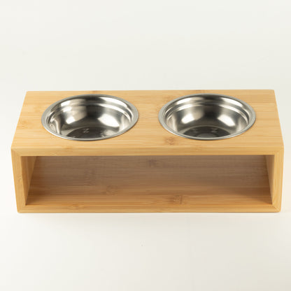 Food Bowl - Large Double Stainless Steel (201) in Wooden Stand - 2x13cm