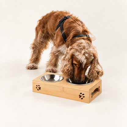 Food Bowl - Double Stainless Steel in Wooden Stand - 2x12cm